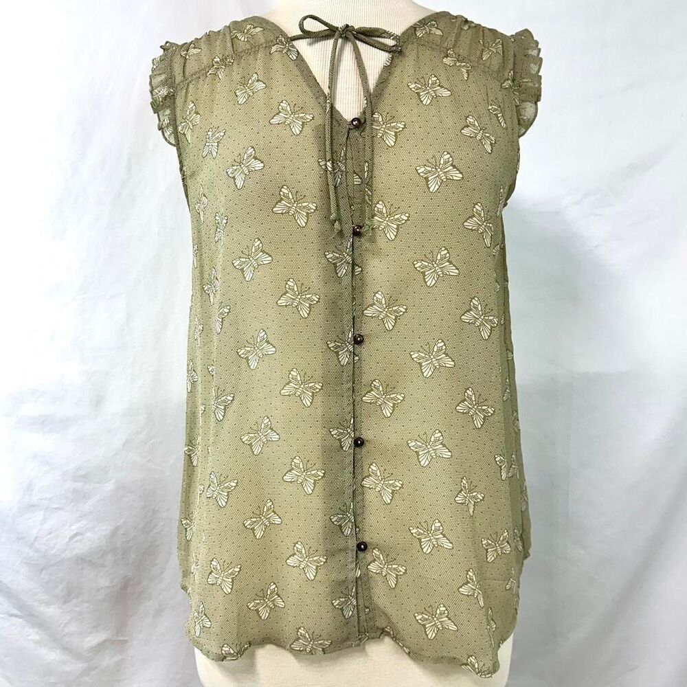 MATILDA JANE Green White Sheer Butterfly Print Tie Neck Sleeveless Blouse‎ Small